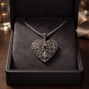 Vintage Franklin Mint Genuine Ruby 925 Filigree Heart Pendant Necklace